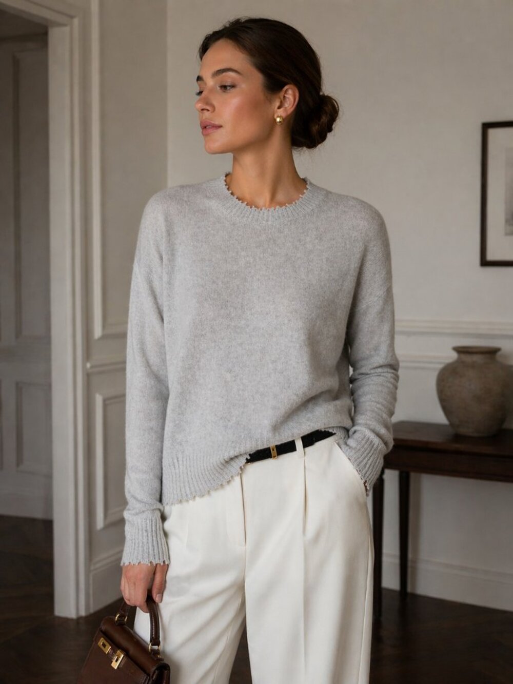 Minnie Rose 100% Cashmere Sweater Women Size L Gray Crewneck Soft Luxury Knit